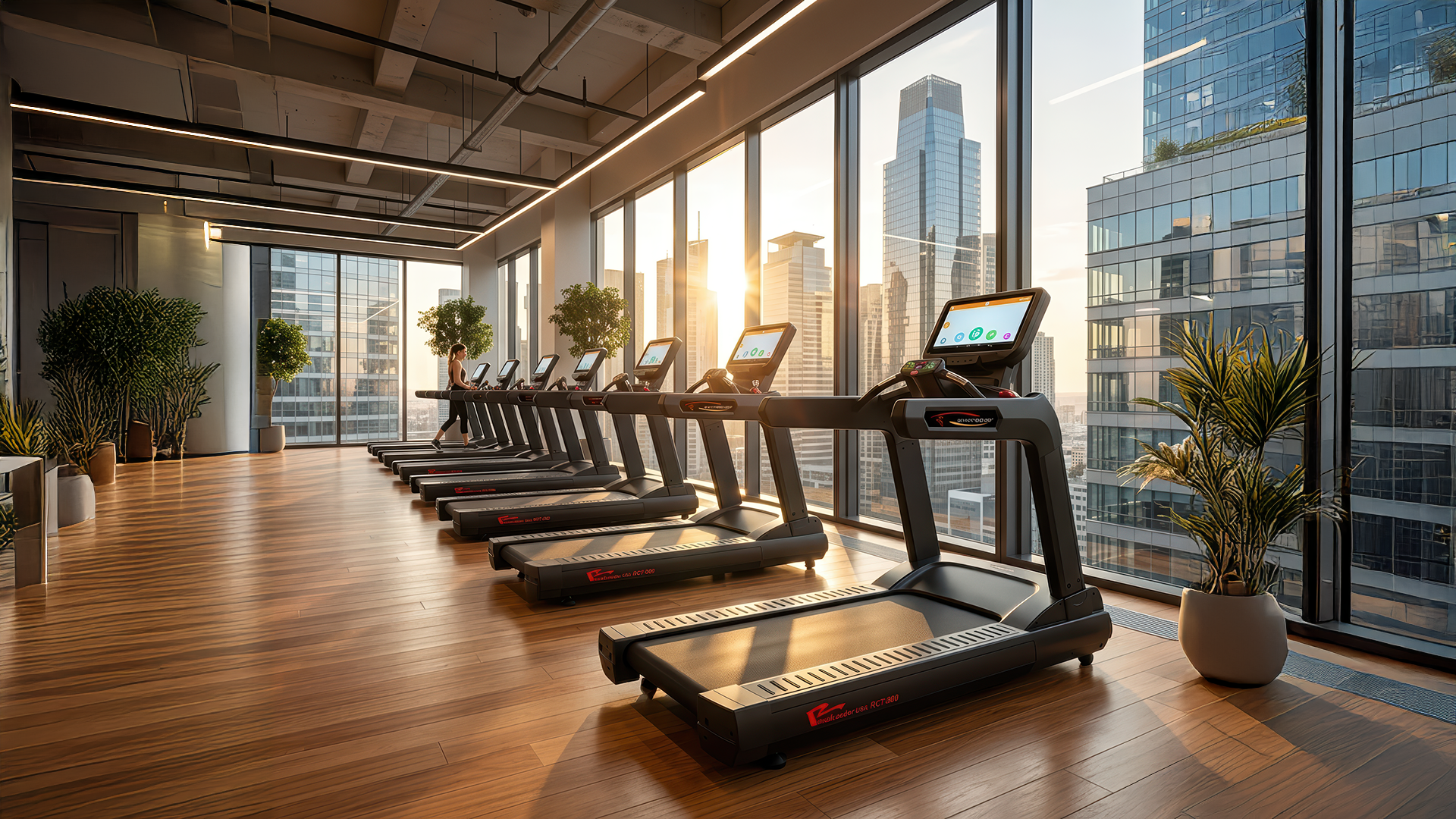 Interior gym mewah perkantoran dengan peralatan kardio premium menghadap pemandangan kota