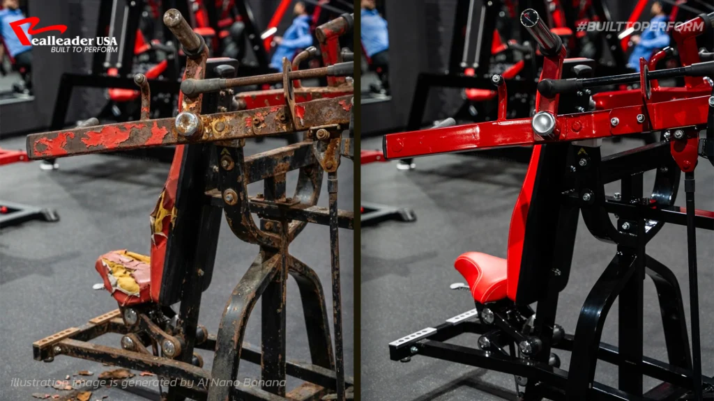 Ilustrasi perbandingan Merawat alat gym dengan baik dengan yang tidak dirawat dengan baik