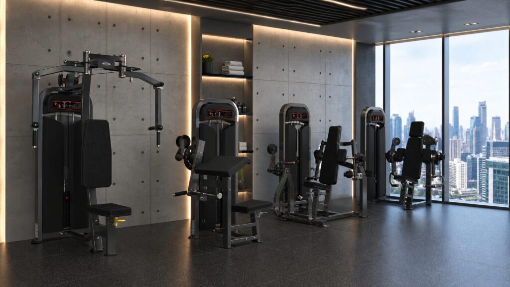 Desain interior gym minimalist dengan alat fitness teknologi tinggi di Jakarta