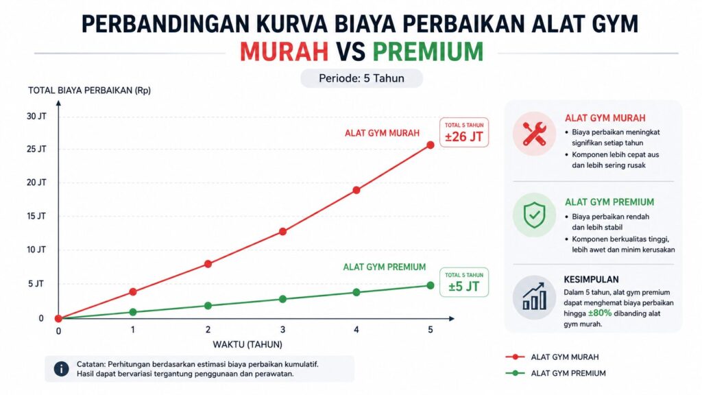 Grafik perbandingan ROI dan biaya perawatan peralatan kebugaran dalam Investasi Alat Gym