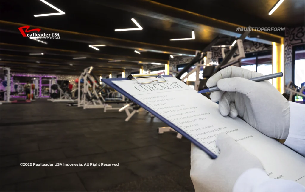 Staf gym sedang melakukan perawatan rutin alat fitness premium dengan bantuanTips Rawat Alat Gym