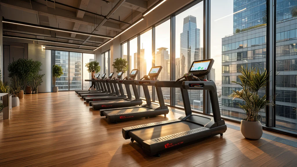 Interior gym mewah perkantoran dengan peralatan kardio premium menghadap pemandangan kota.