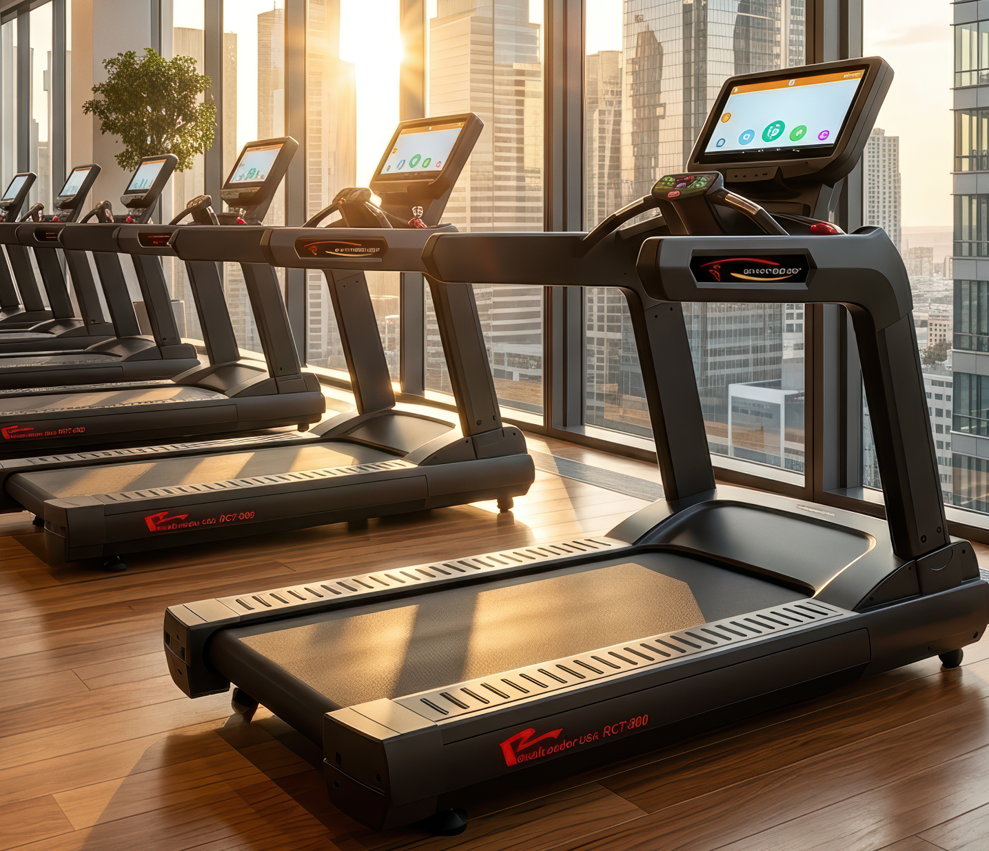 Interior gym mewah perkantoran dengan peralatan kardio premium menghadap pemandangan kota.