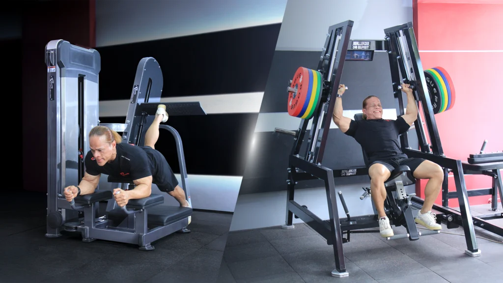 Perbandingan lantai gym yang menampilkan alat pin loaded dan plate loaded komersial