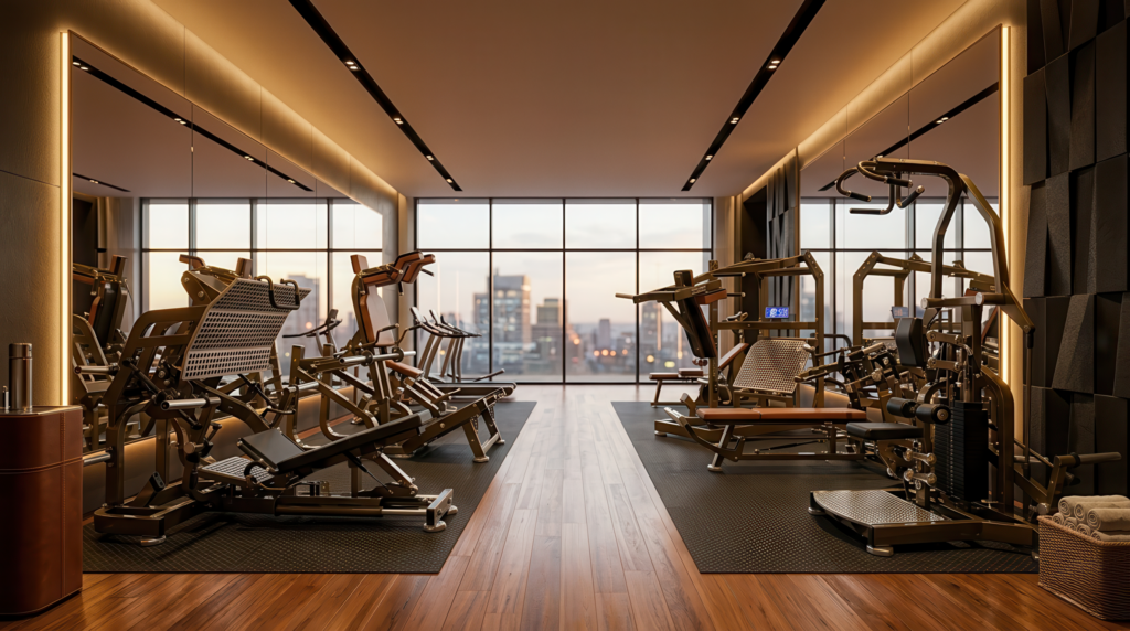 Interior gym komersial premium di Jakarta dengan peralatan fitness kelas dunia